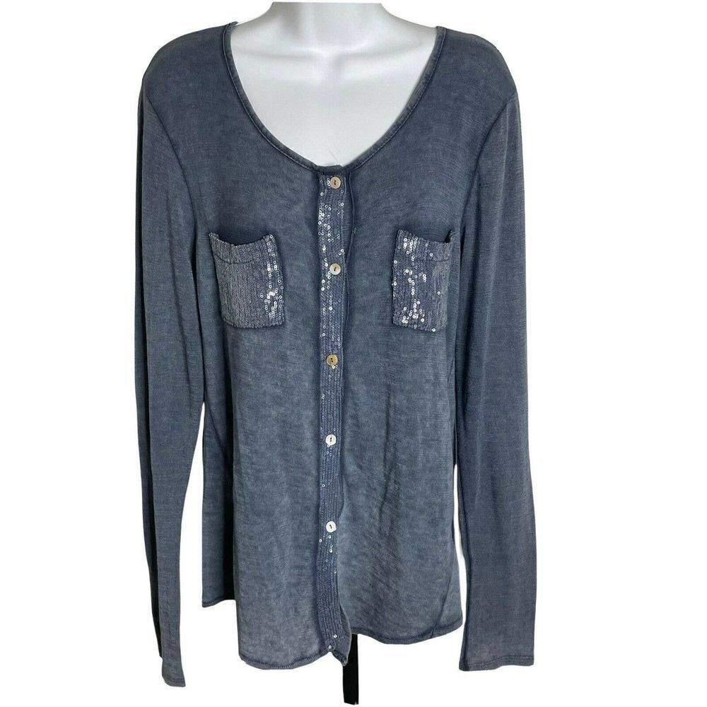 TEMPO Paris Blue Knit Button Front Shirt S Sequins Crochet Trim Made In Italy